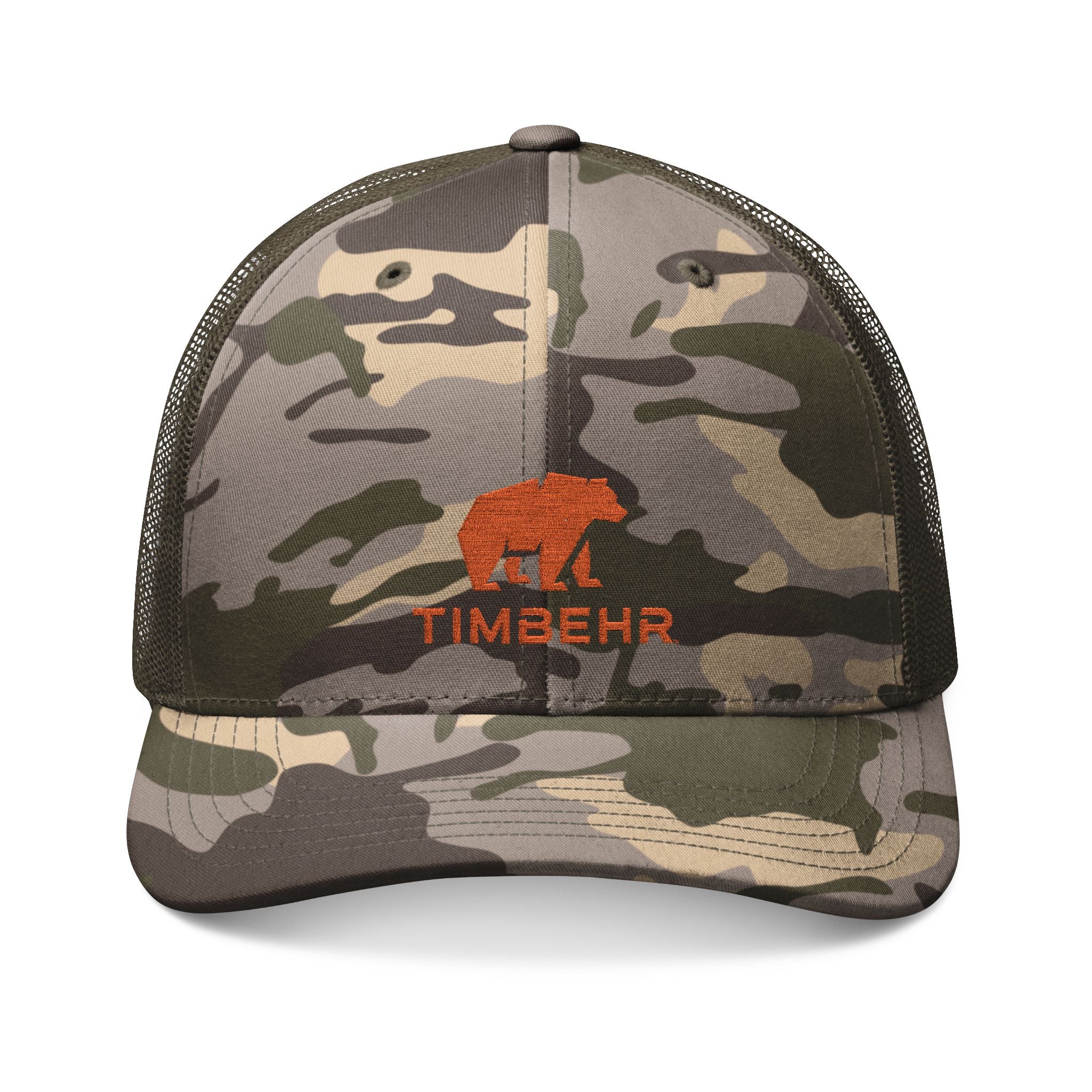 TIMBEHR's Camo Trucker Hat — Embroidered Orange OG Logo