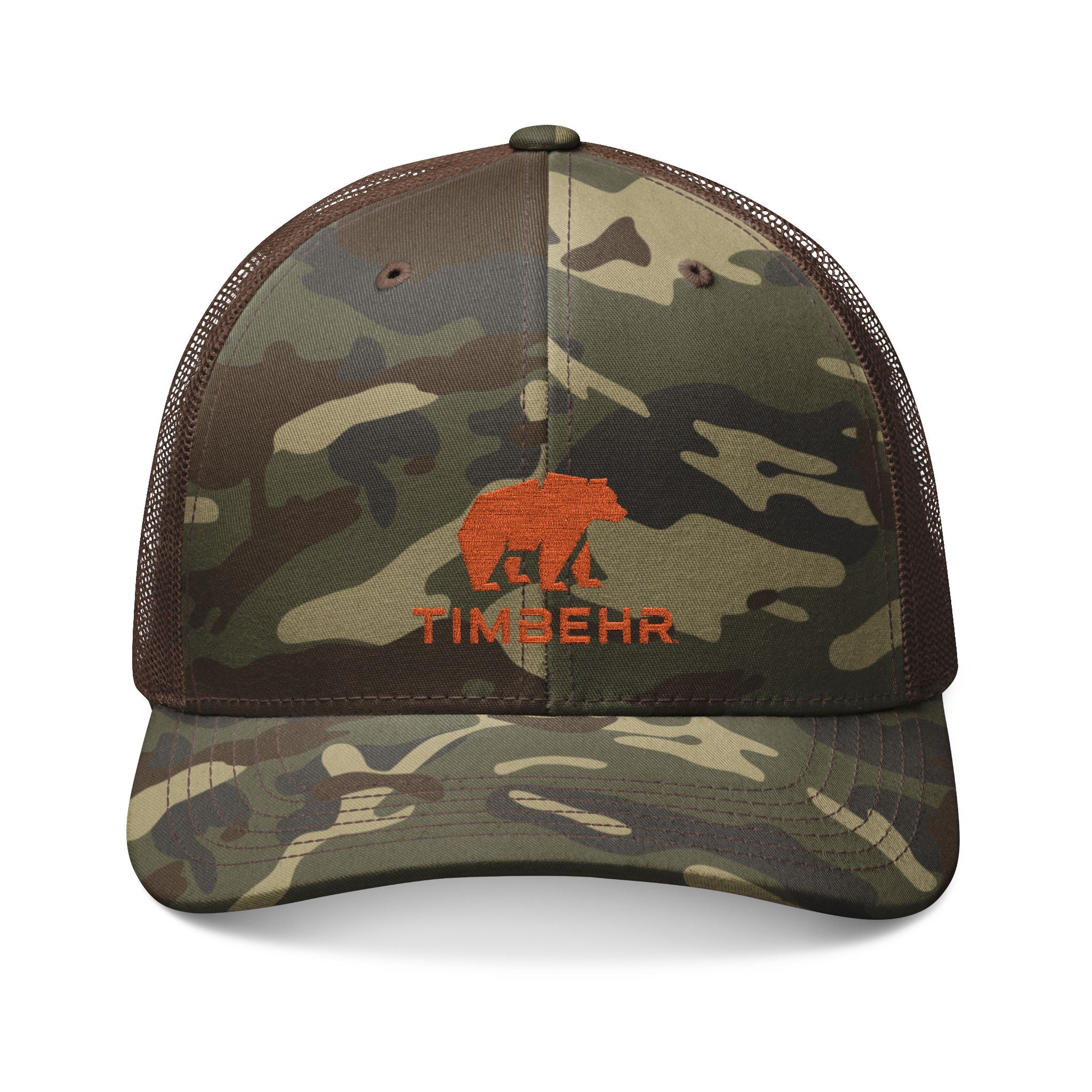TIMBEHR's Camo Trucker Hat — Embroidered Orange OG Logo