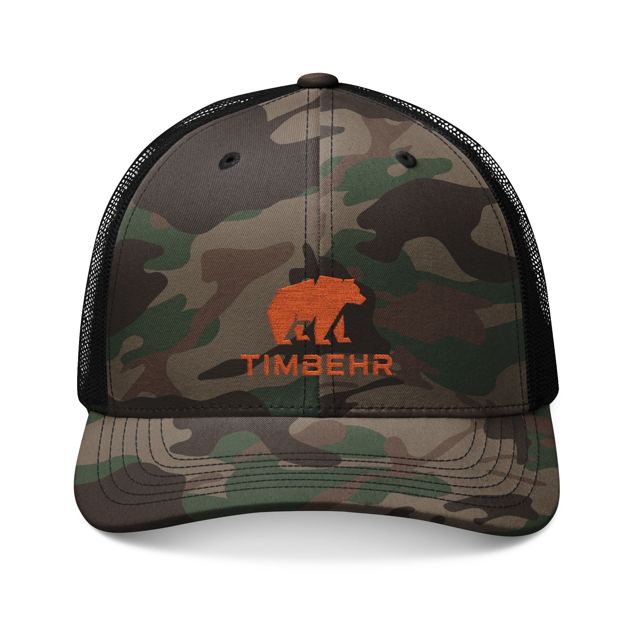 TIMBEHR's Camo Trucker Hat — Embroidered Orange OG Logo