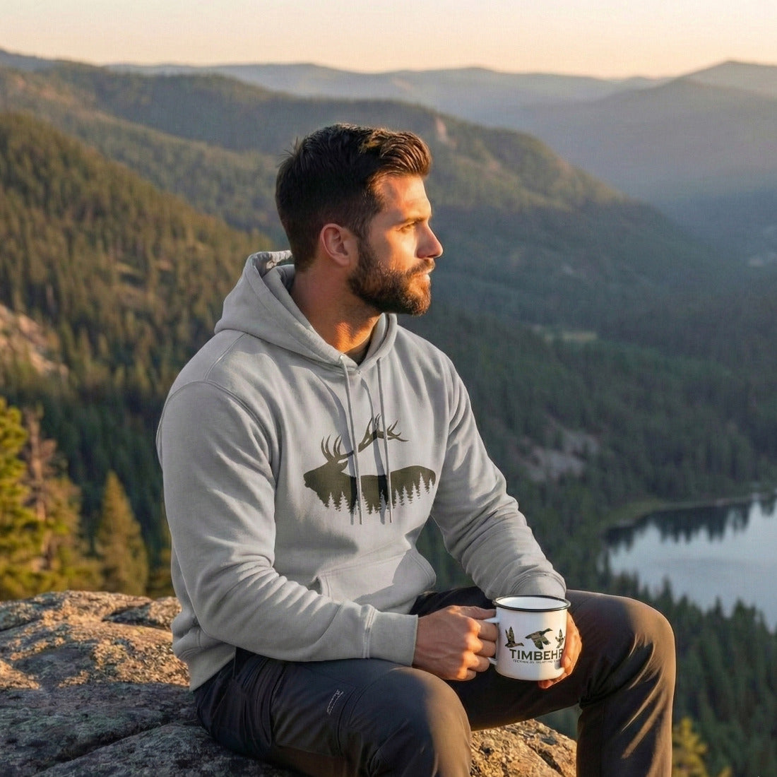 TIMBEHR - Wildlife Fleece Hoodie - Elk - Ideal for Nature Lovers, Outdoor Adventures, Gift for Him and Her, Forest Aesthetic, Fall & Winter Wear