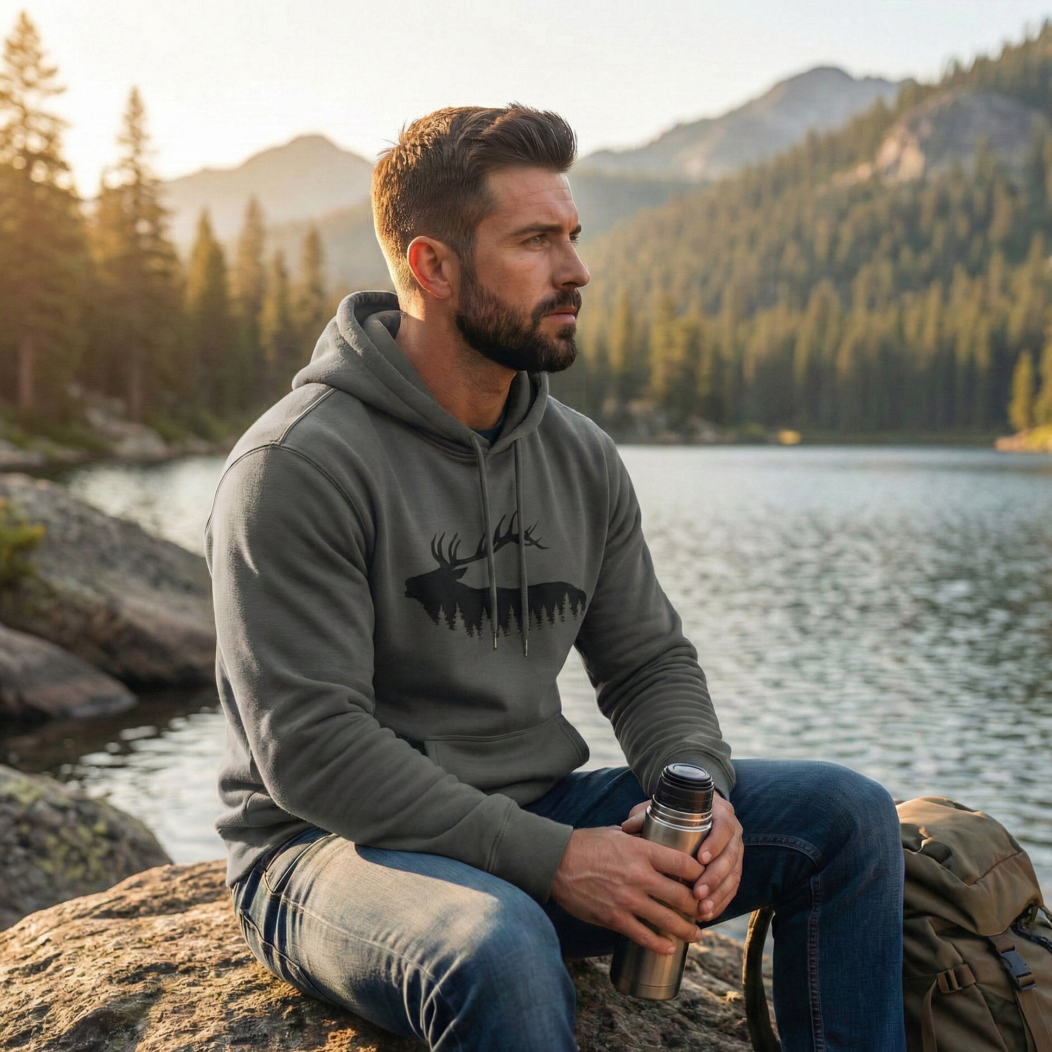 TIMBEHR - Wildlife Fleece Hoodie - Elk - Ideal for Nature Lovers, Outdoor Adventures, Gift for Him and Her, Forest Aesthetic, Fall & Winter Wear