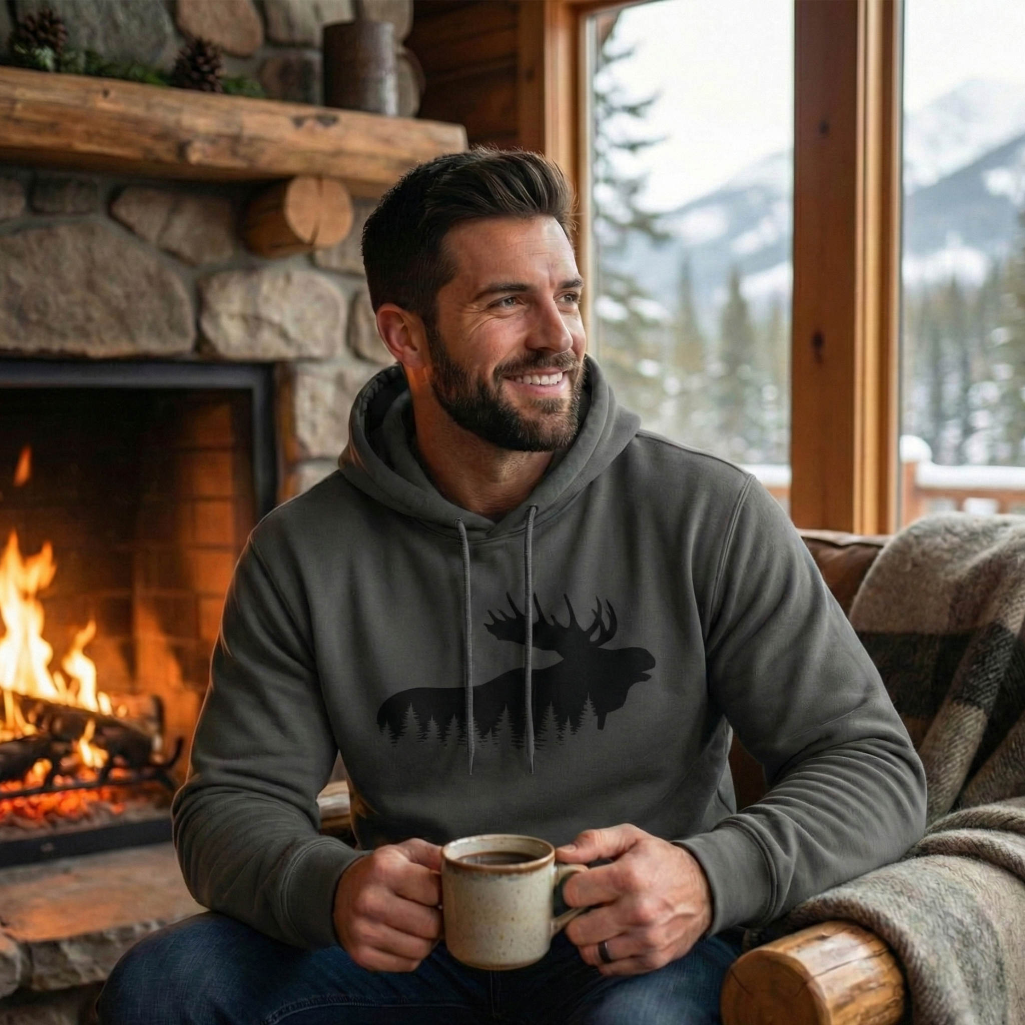 TIMBEHR - Wildlife Fleece Hoodie - Moose - Ideal for Nature Lovers, Outdoor Adventures, Gift for Him and Her, Forest Aesthetic, Fall & Winter Wear