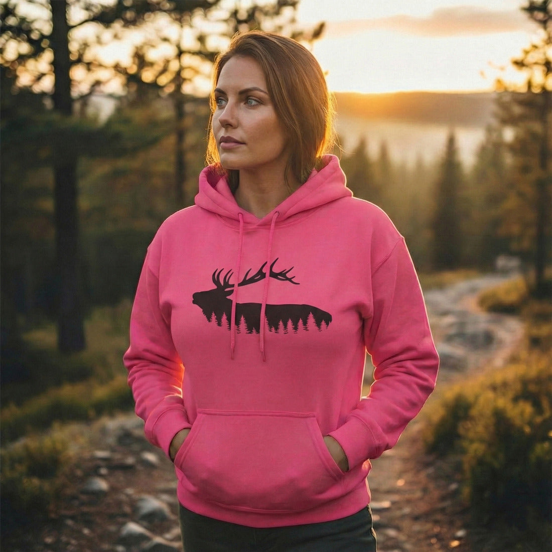 TIMBEHR - Wildlife Fleece Hoodie - Elk - Ideal for Nature Lovers, Outdoor Adventures, Gift for Him and Her, Forest Aesthetic, Fall & Winter Wear