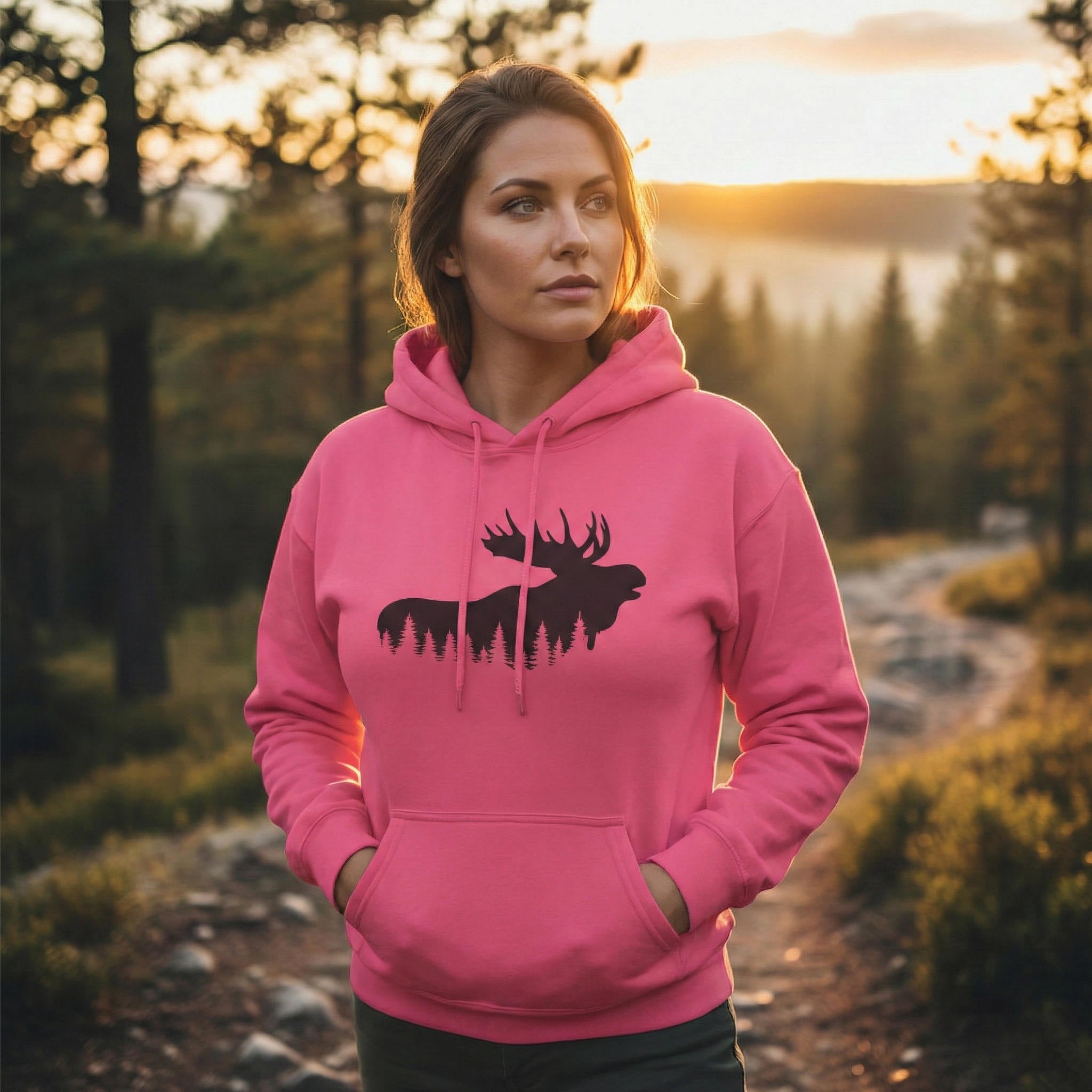 TIMBEHR - Wildlife Fleece Hoodie - Moose - Ideal for Nature Lovers, Outdoor Adventures, Gift for Him and Her, Forest Aesthetic, Fall & Winter Wear