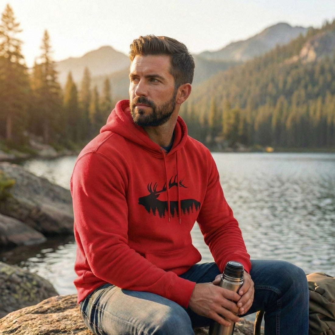 TIMBEHR - Wildlife Fleece Hoodie - Elk - Ideal for Nature Lovers, Outdoor Adventures, Gift for Him and Her, Forest Aesthetic, Fall & Winter Wear