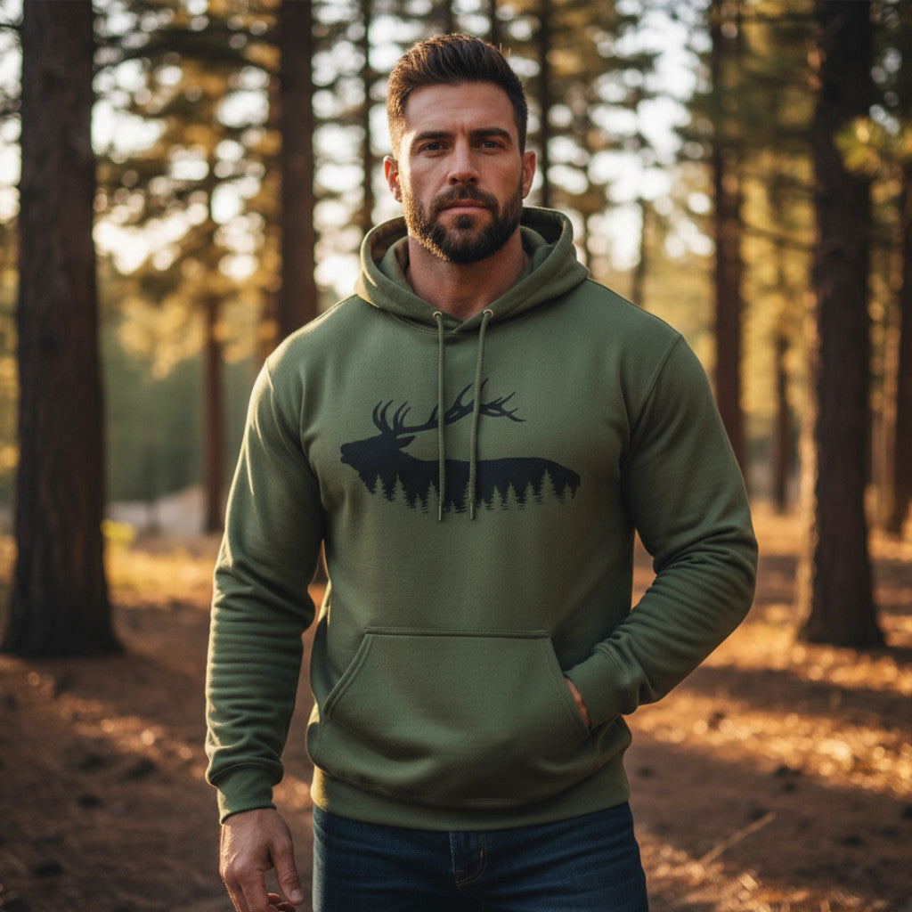 TIMBEHR - Wildlife Fleece Hoodie - Elk - Ideal for Nature Lovers, Outdoor Adventures, Gift for Him and Her, Forest Aesthetic, Fall & Winter Wear
