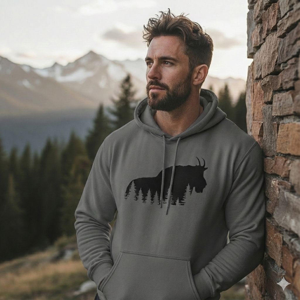 TIMBEHR - Wildlife Fleece Hoodie - Mountain Goat - Ideal for Nature Lovers, Outdoor Adventures, Gift for Him and Her, Forest Aesthetic, Fall & Winter Wear