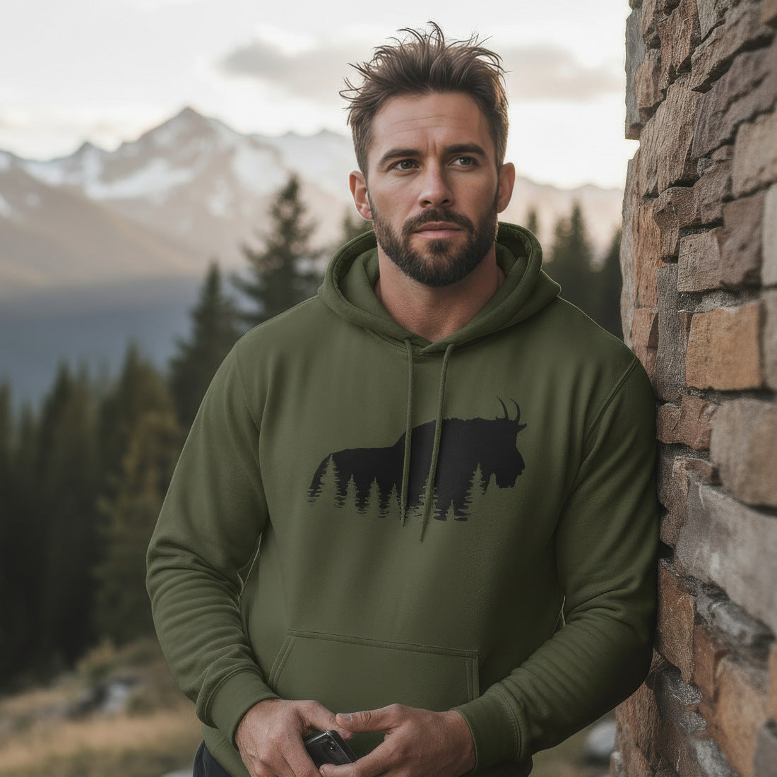 TIMBEHR - Wildlife Fleece Hoodie - Mountain Goat - Ideal for Nature Lovers, Outdoor Adventures, Gift for Him and Her, Forest Aesthetic, Fall & Winter Wear