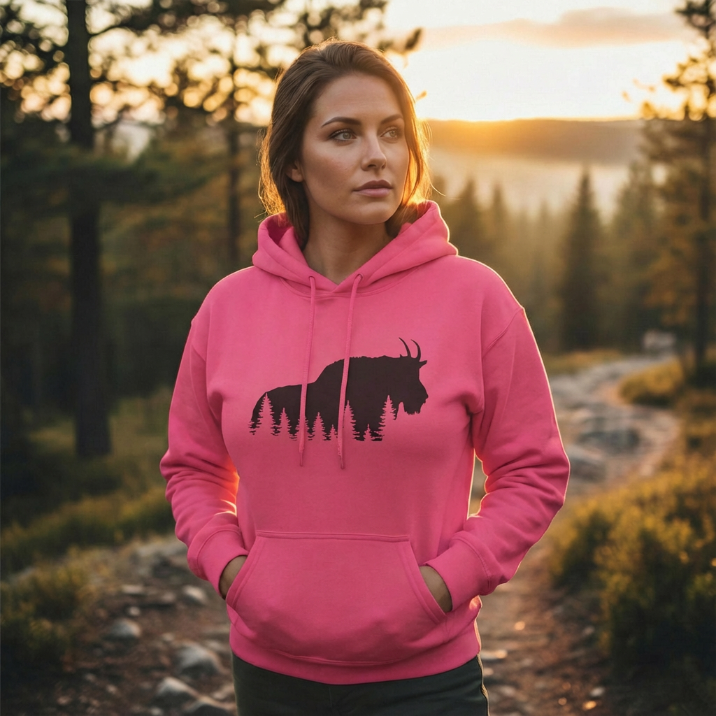 TIMBEHR - Wildlife Fleece Hoodie - Mountain Goat - Ideal for Nature Lovers, Outdoor Adventures, Gift for Him and Her, Forest Aesthetic, Fall & Winter Wear