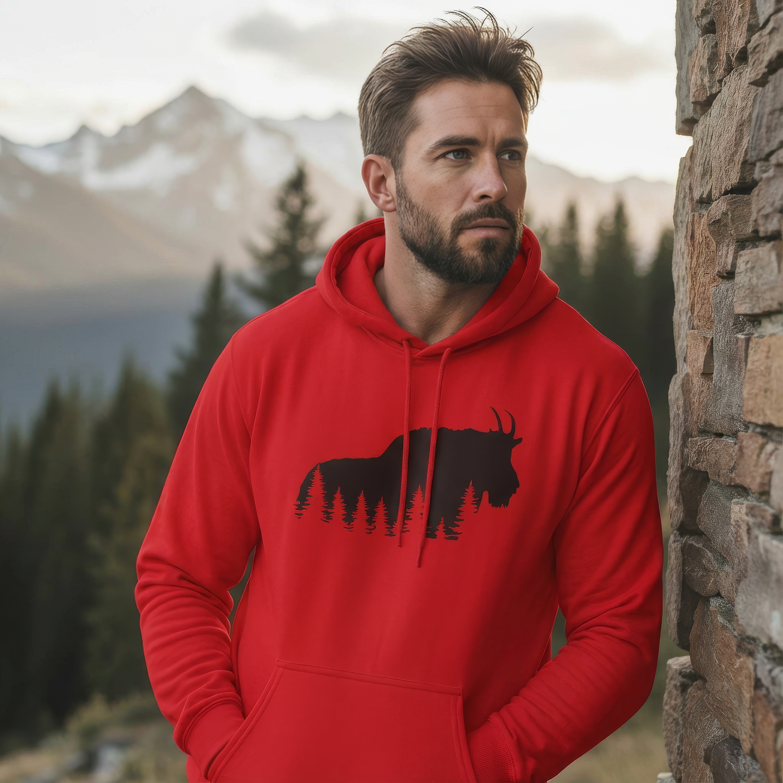 TIMBEHR - Wildlife Fleece Hoodie - Mountain Goat - Ideal for Nature Lovers, Outdoor Adventures, Gift for Him and Her, Forest Aesthetic, Fall & Winter Wear